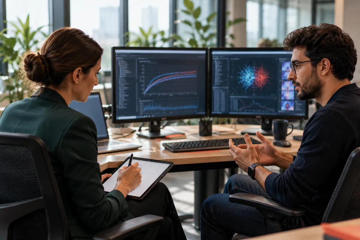 Auditor taking notes on a tablet while interviewing a data scientist beside two monitors showing model training charts