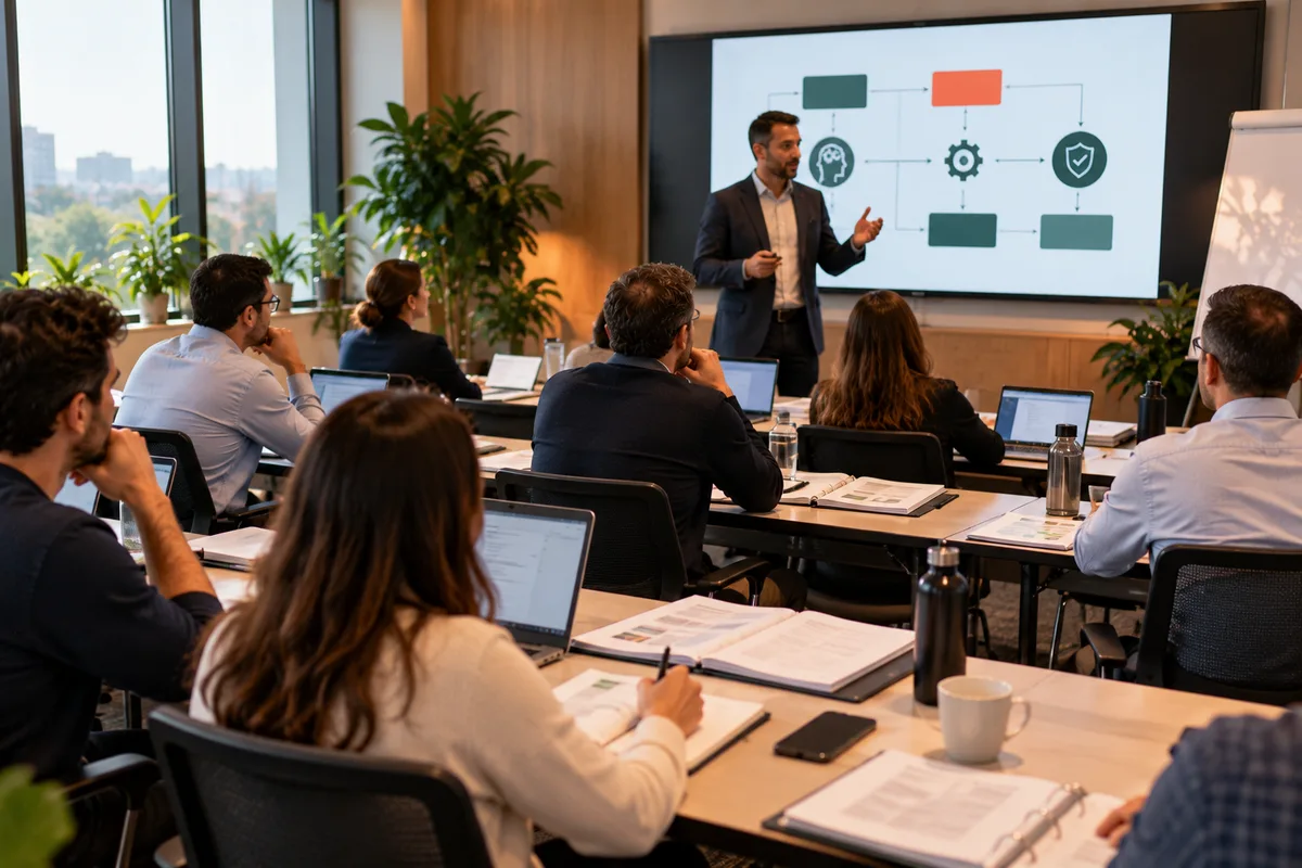Training room of adult participants with laptops and printed course binders, a trainer presenting a process diagram at the front