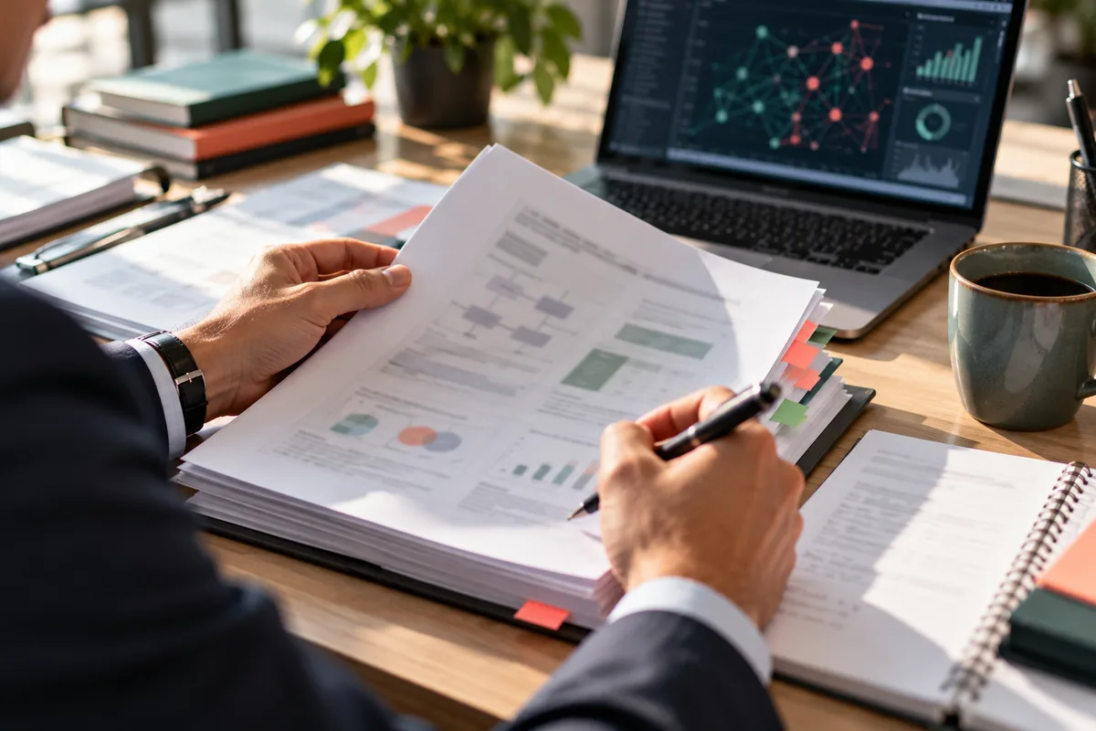 Auditor's hands reviewing a printed assessment document with coloured tabs next to a laptop showing an AI system dashboard