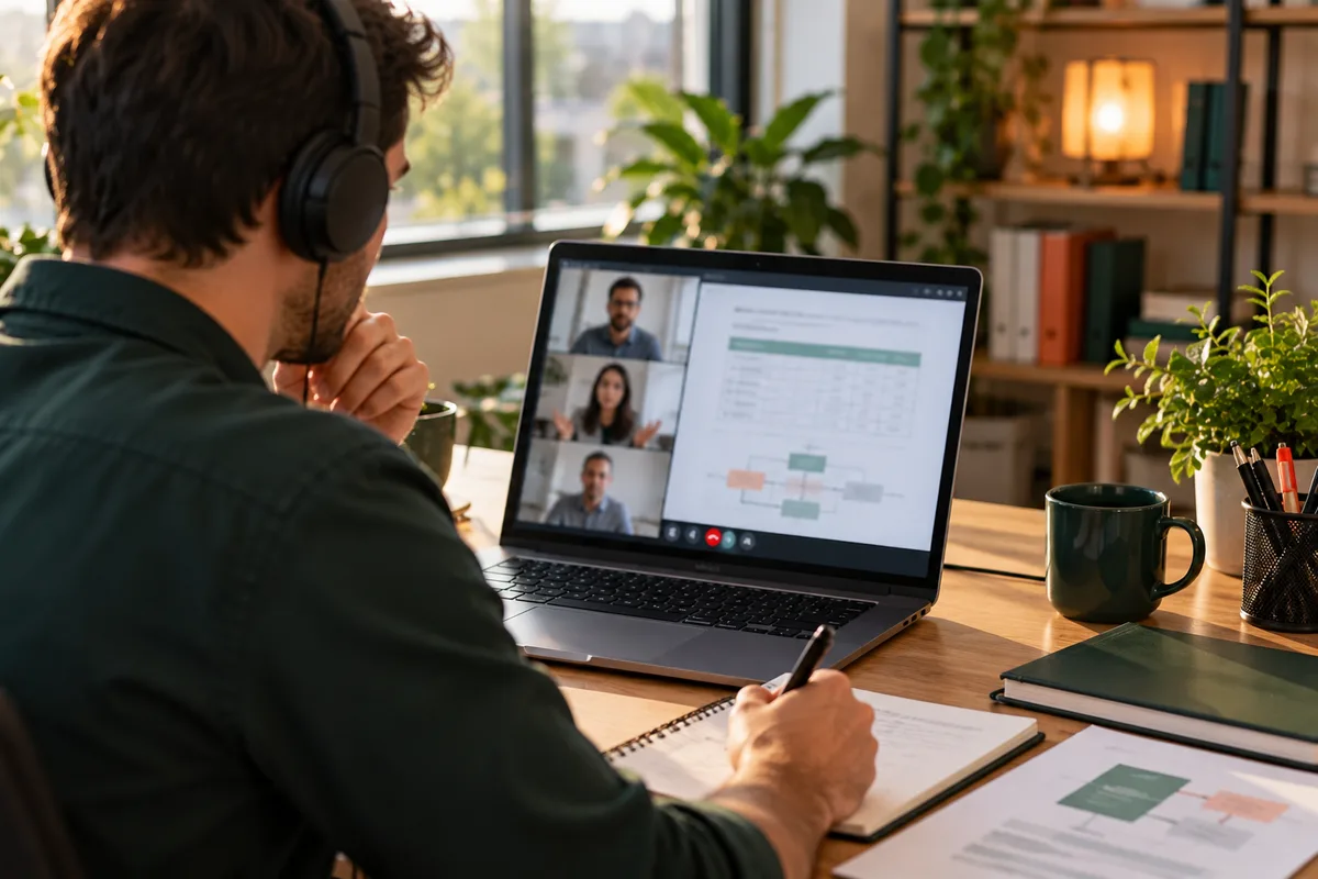 Auditor wearing headphones running a remote audit on a laptop video call with three participants and a shared process diagram