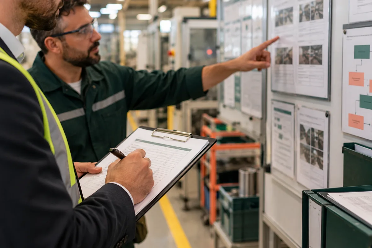 Auditor taking notes on a checklist while a production supervisor points at a work-instruction board on the factory wall