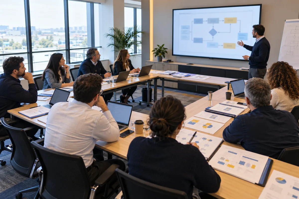 Trainer presenting a process flowchart to participants in an auditor training workshop